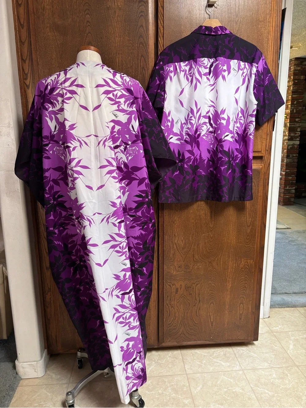 Purple & White Floral Kimono Dress and Matching Mens Shirt. Honeymoon set.
